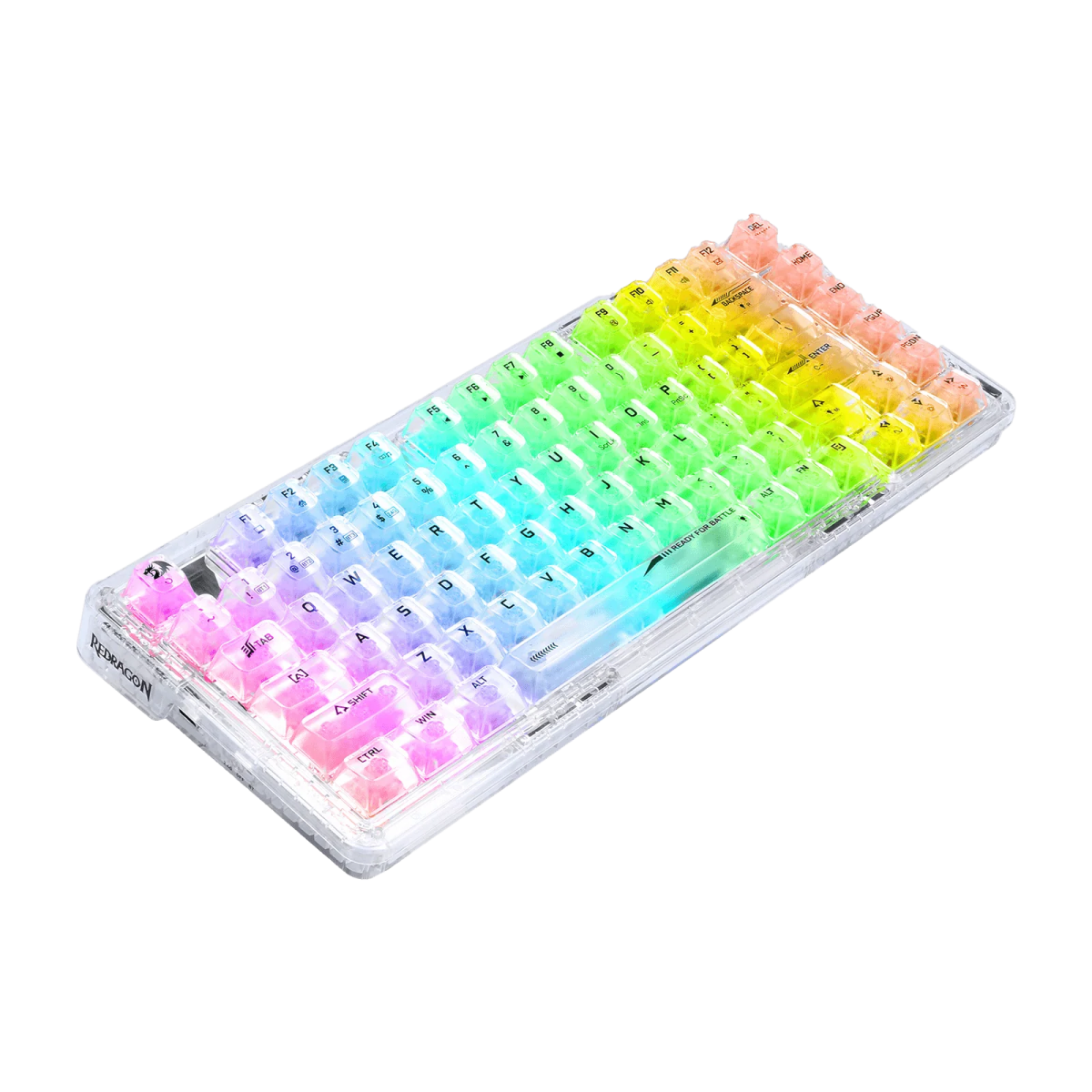 a rainbow colored keyboard with white keys and black keys