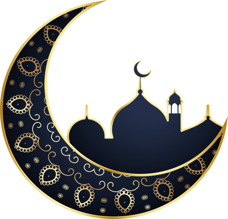 a black and gold crescent with a mosque on it