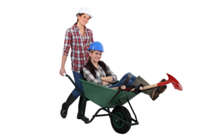 a woman pushing a child in a wheelbar
