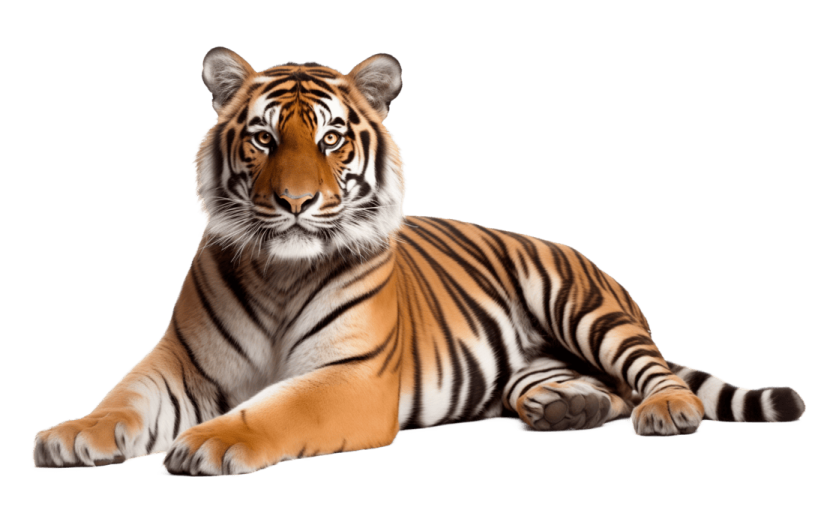 a tiger laying down on a white background