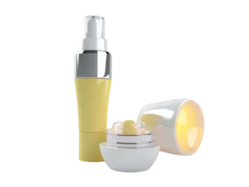 a bottle of serum and a container of cream