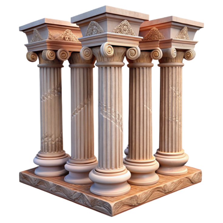 three stone pillars on a wooden base