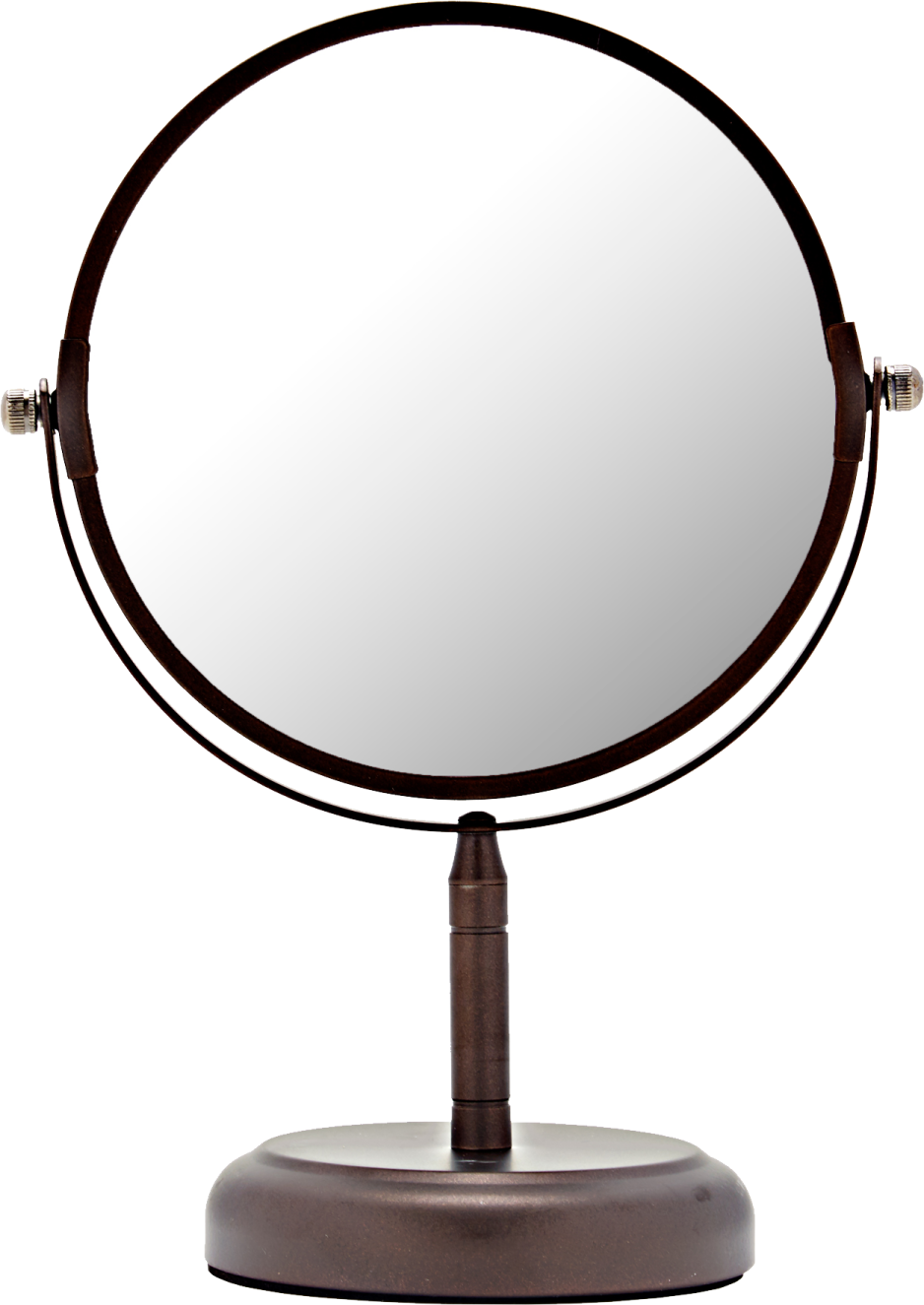 a round mirror sitting on top of a stand