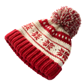 a red and white knitted hat with pom