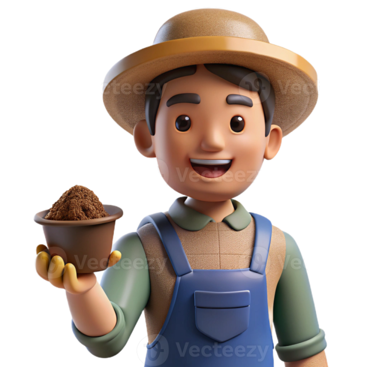 a 3d character holding a pot of soil
