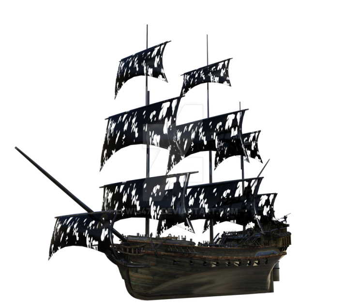 a pirate ship with black sails and white sails