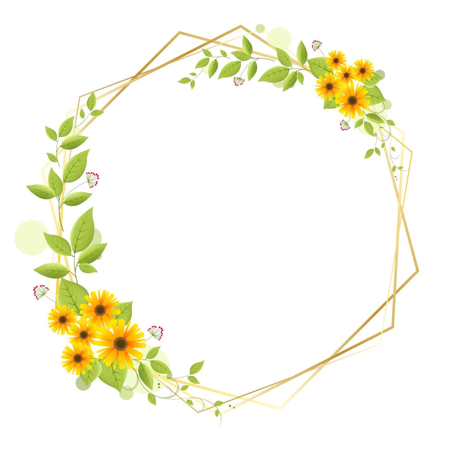 a circular frame with sunflowers and leaves