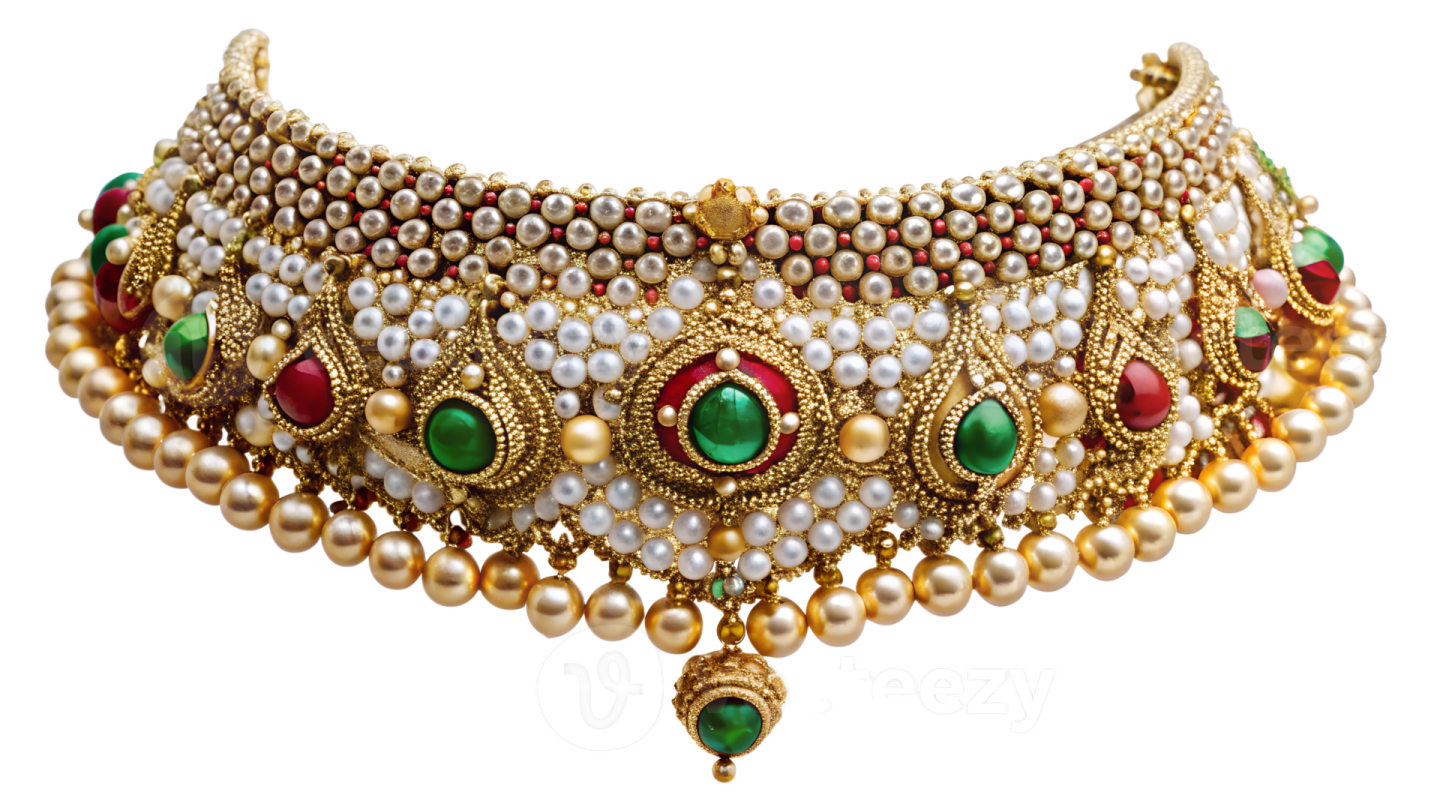 a gold necklace with pearls and emeralds