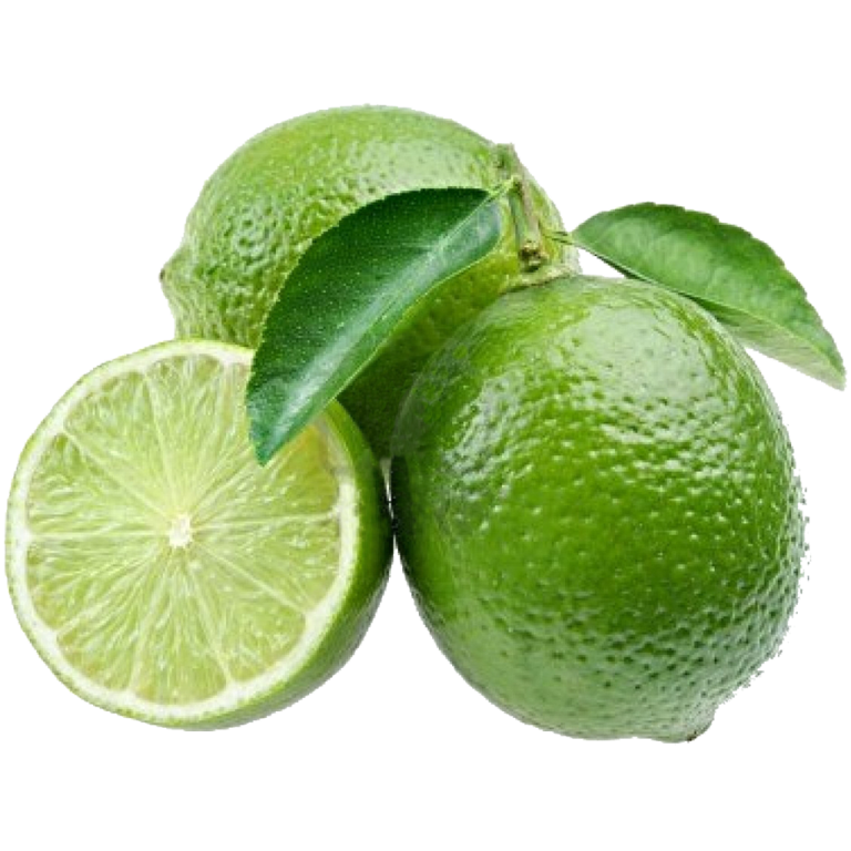 three limes with leaves on a white background