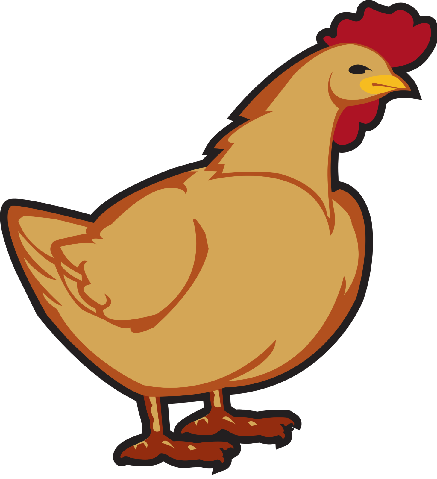 a brown chicken with a red comb on its head