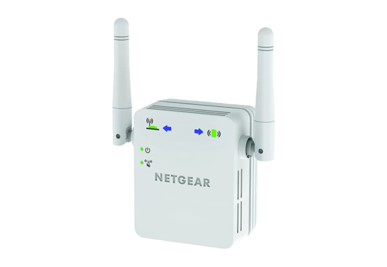 a white netge wireless router with two antennas