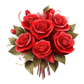 a bouquet of red roses with green leaves