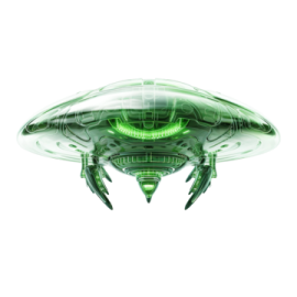 a green alien spaceship flying through the air