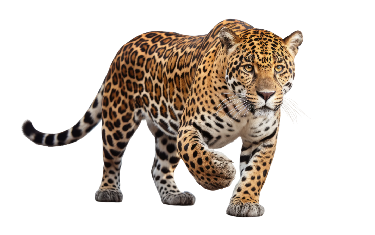 a large leopard walking across a white surface
