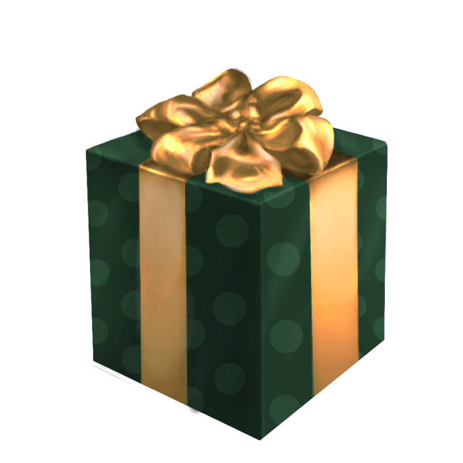 a green gift box with a gold bow