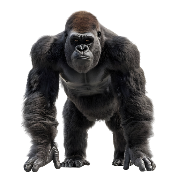 a gorilla standing in front of a white background