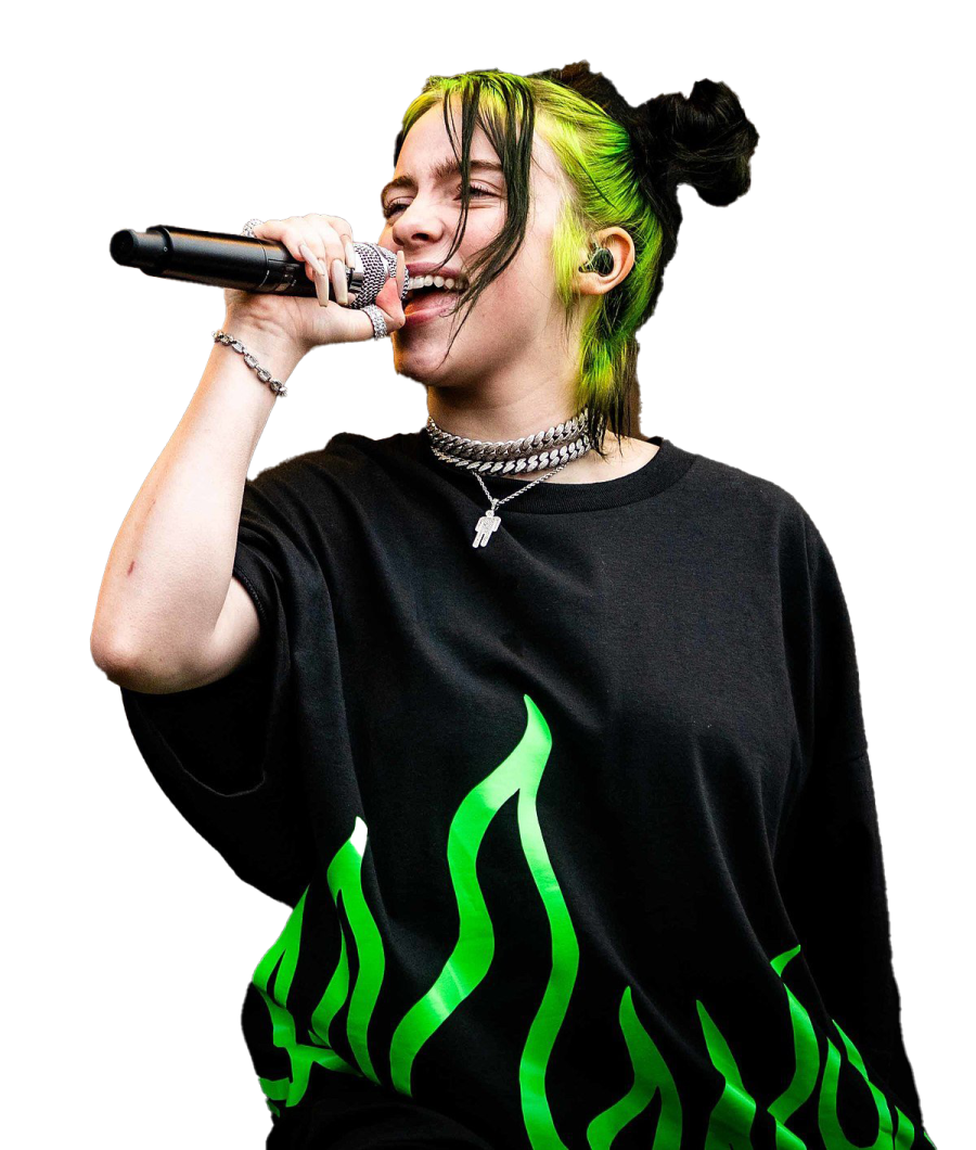 a woman with green hair is singing into a microphone