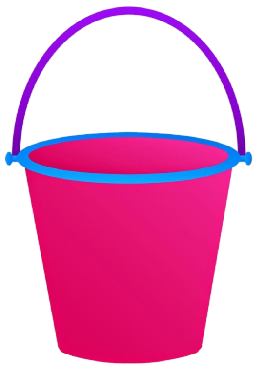 a pink bucket with blue handles