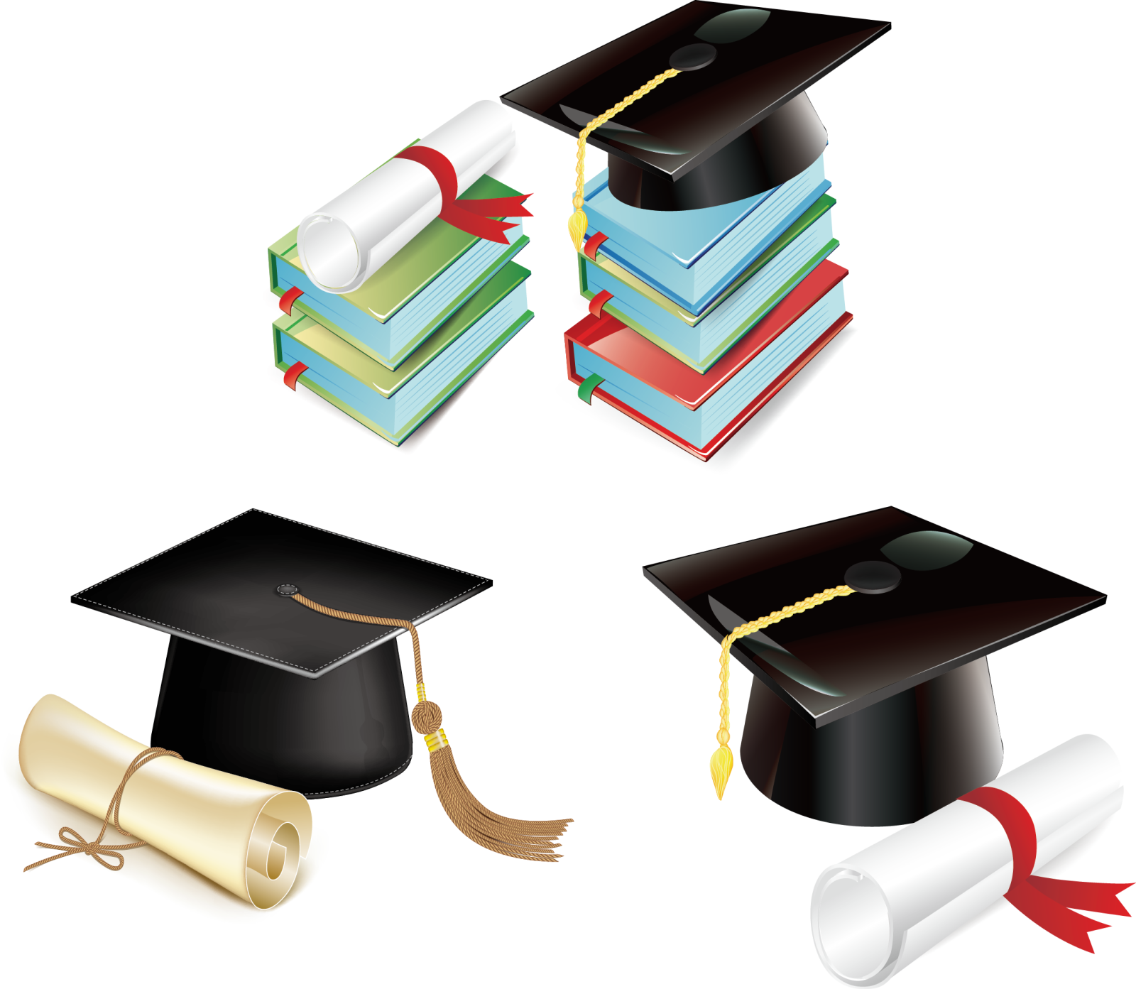 a set of four graduation hats and diplomas