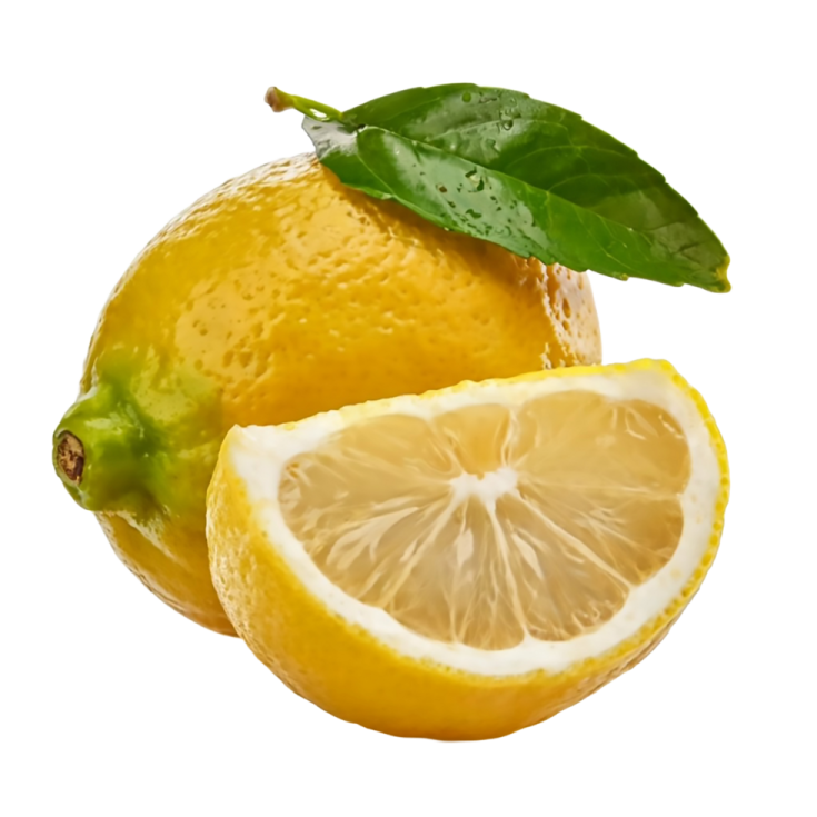 a lemon with a leaf on top of it
