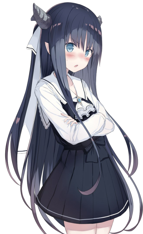 an anime girl with long black hair and blue eyes
