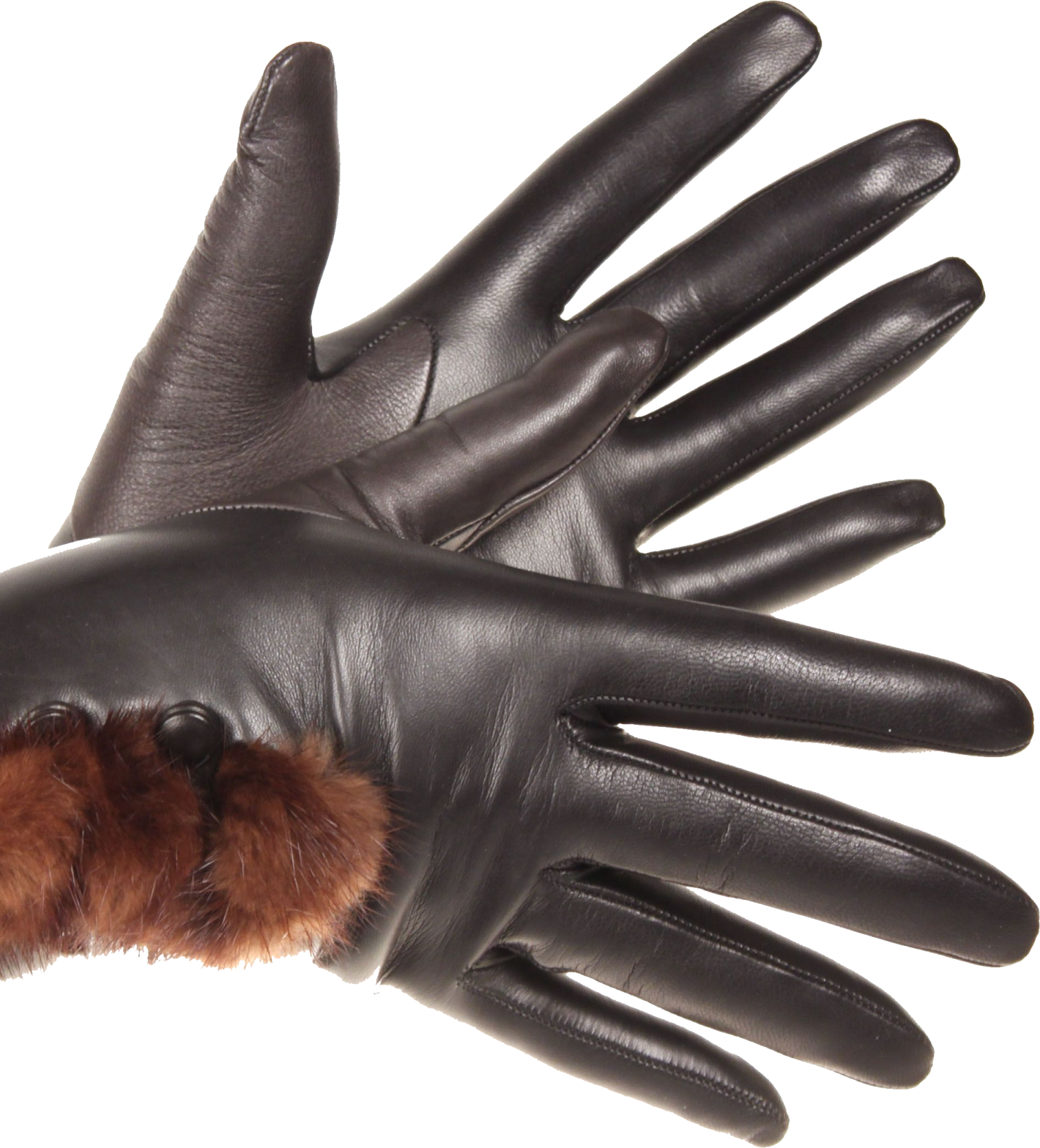 a pair of black leather gloves with fur cuffs