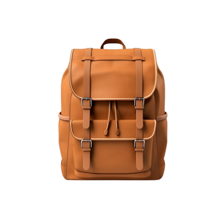 a brown leather backpack on a white background