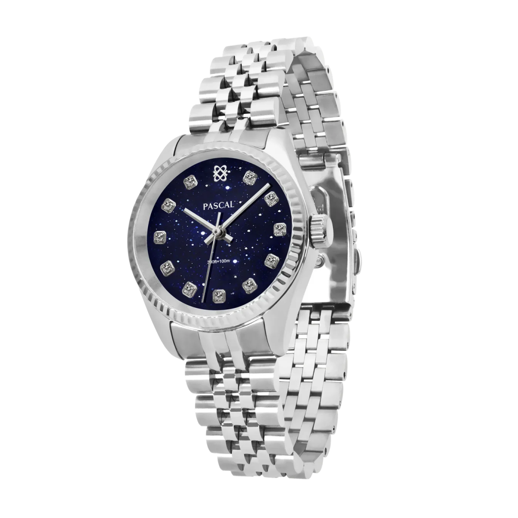 a women's watch with a blue dial