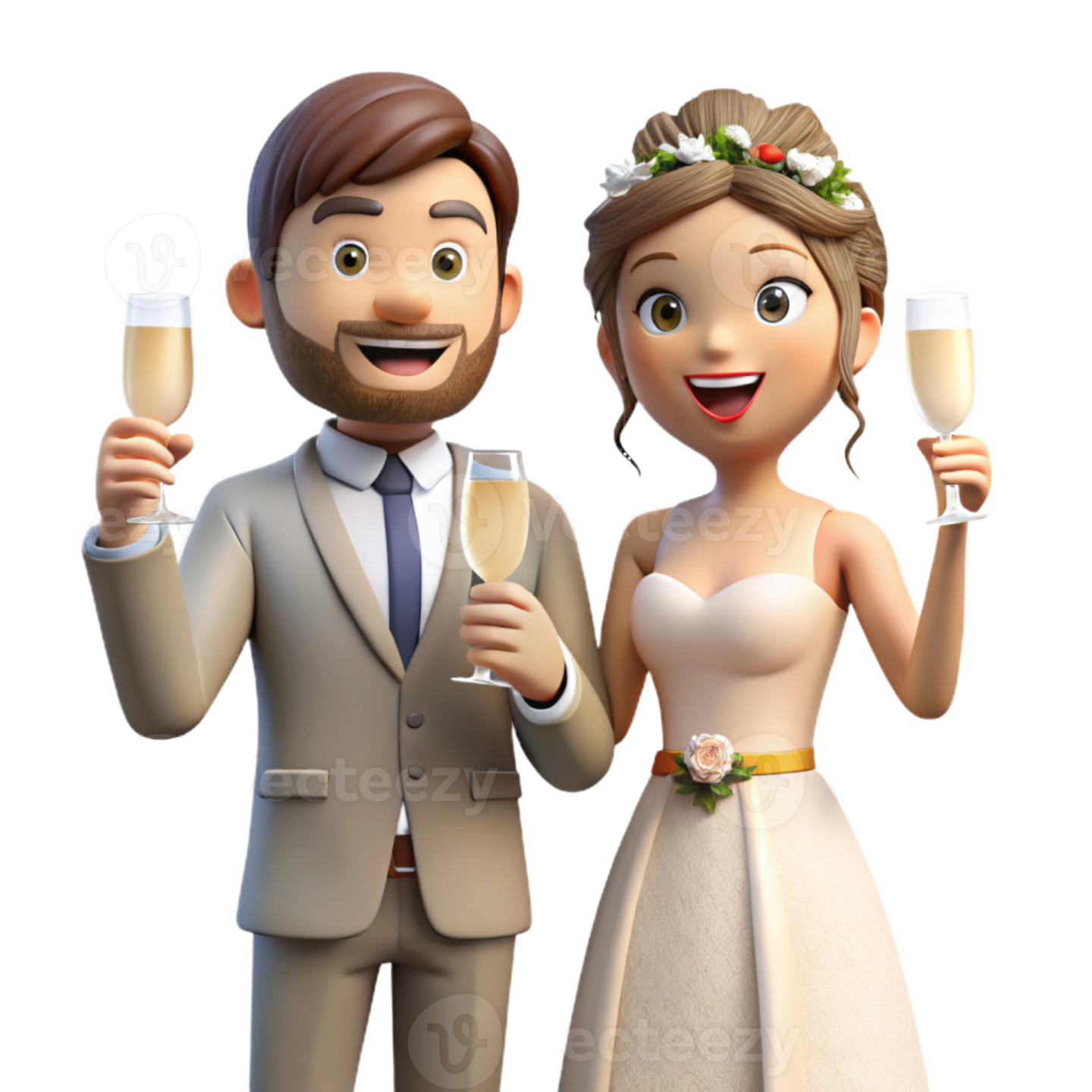 a bride and groom holding champagne flutes