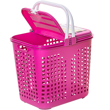 a pink plastic laundry basket