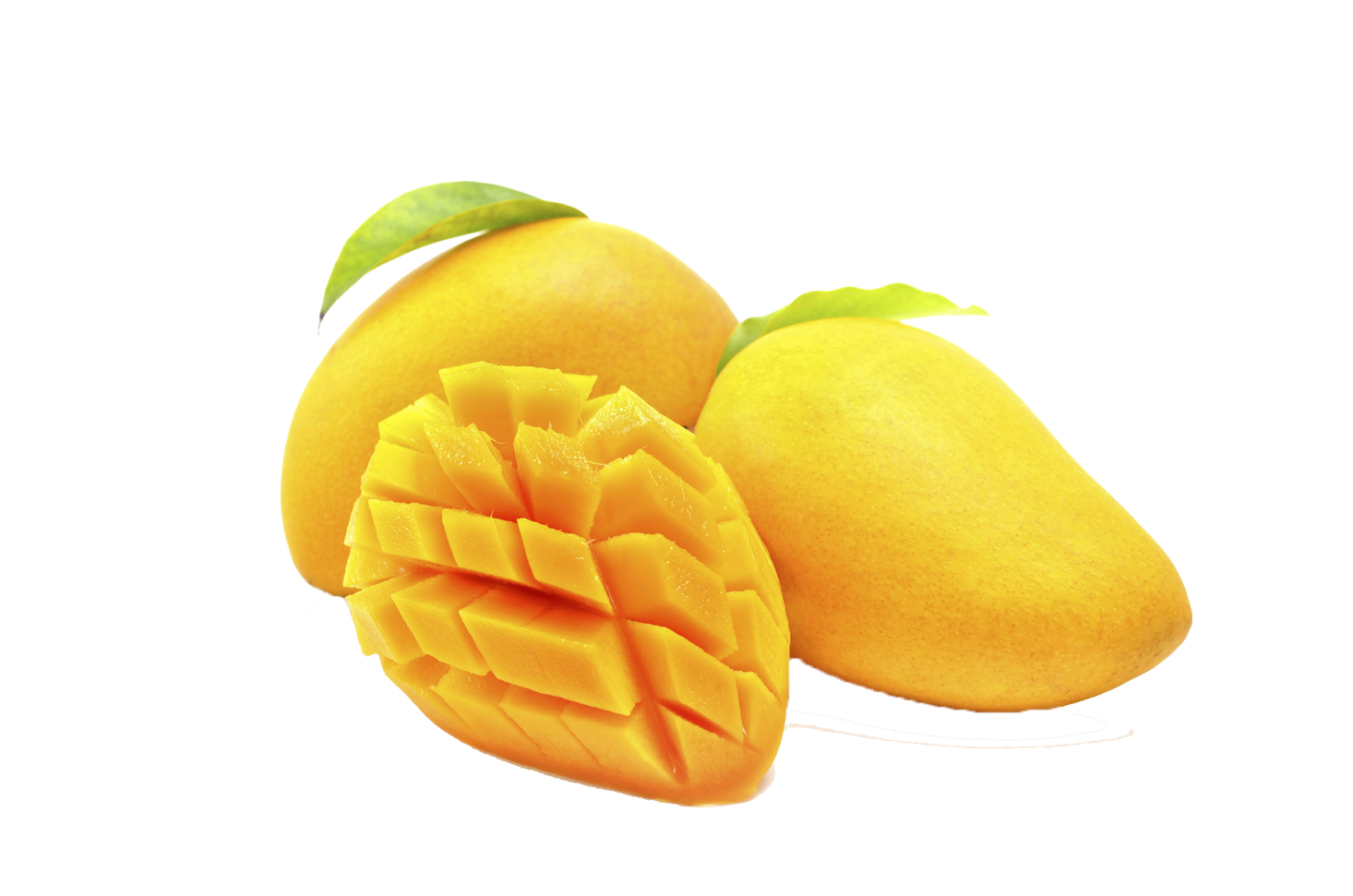 two mangos cut in half on a white background