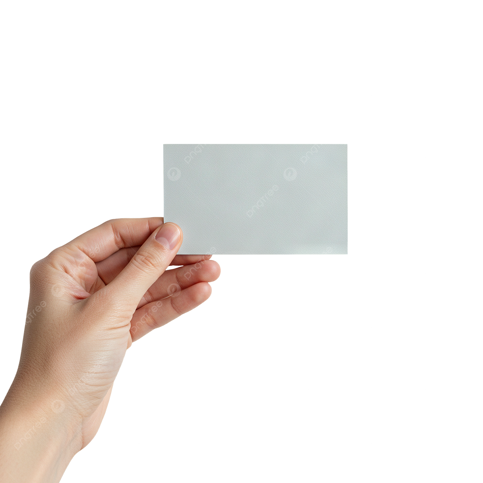 a hand holding a business card on a white background