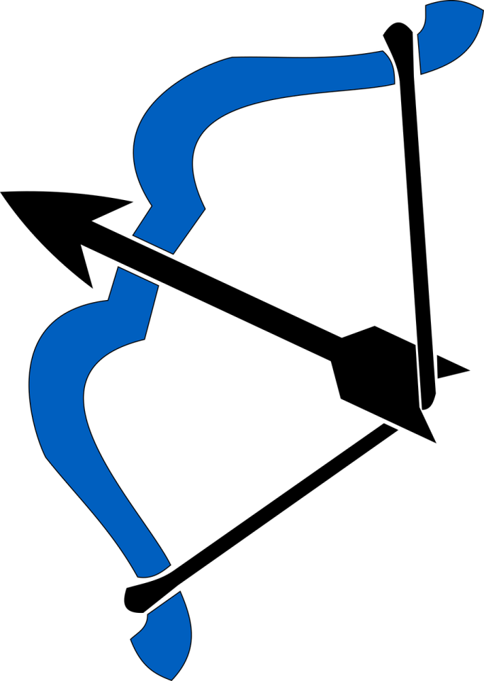 a blue bow with an arrow on it