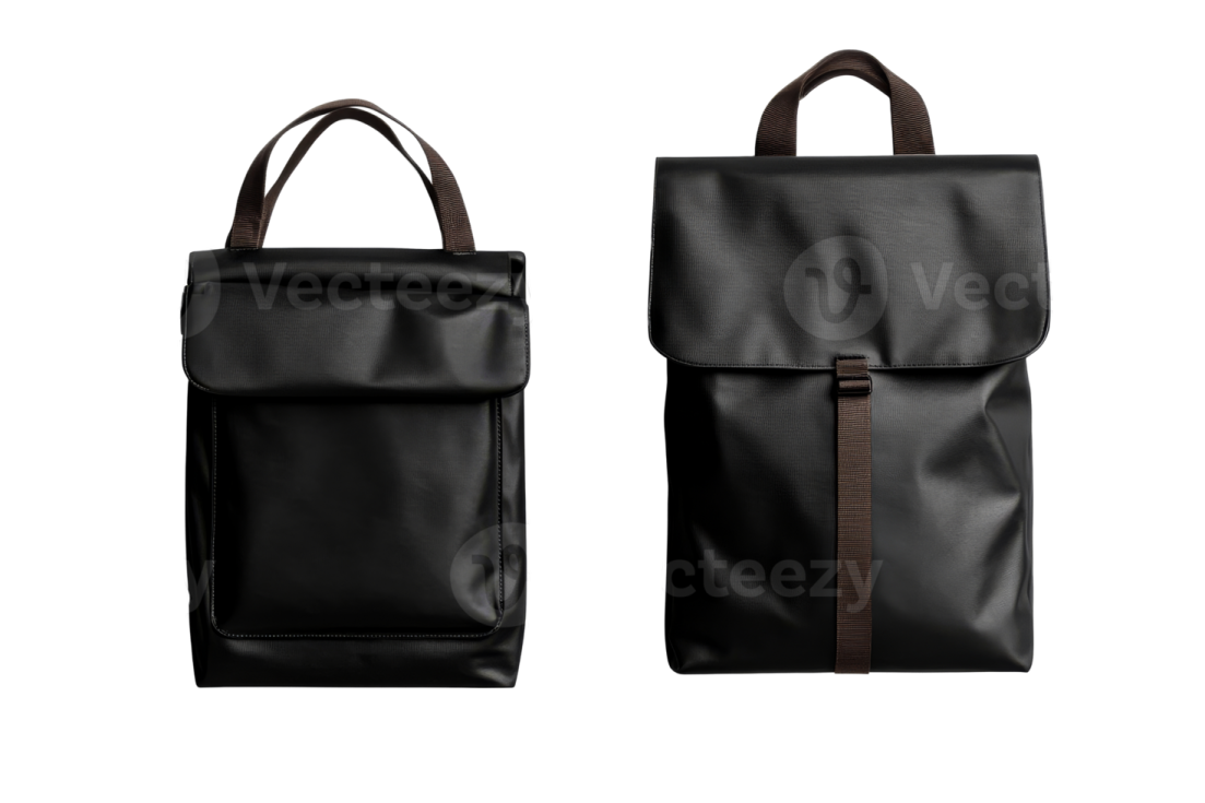 a black leather backpack with brown straps