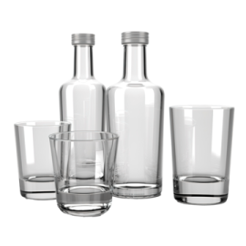 a set of four empty bottles and glasses