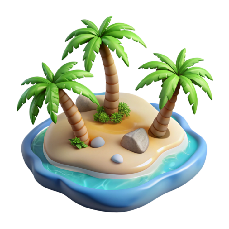 a small island with two palm trees on it