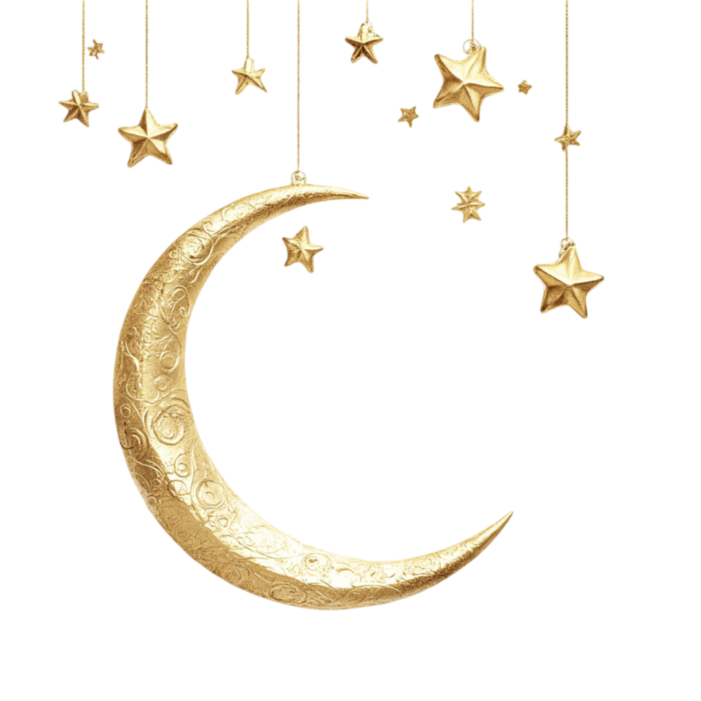 a gold crescent with stars hanging from it