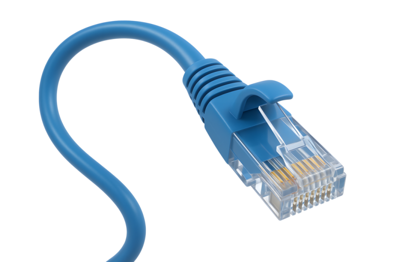 a blue ethernet cable on a white background