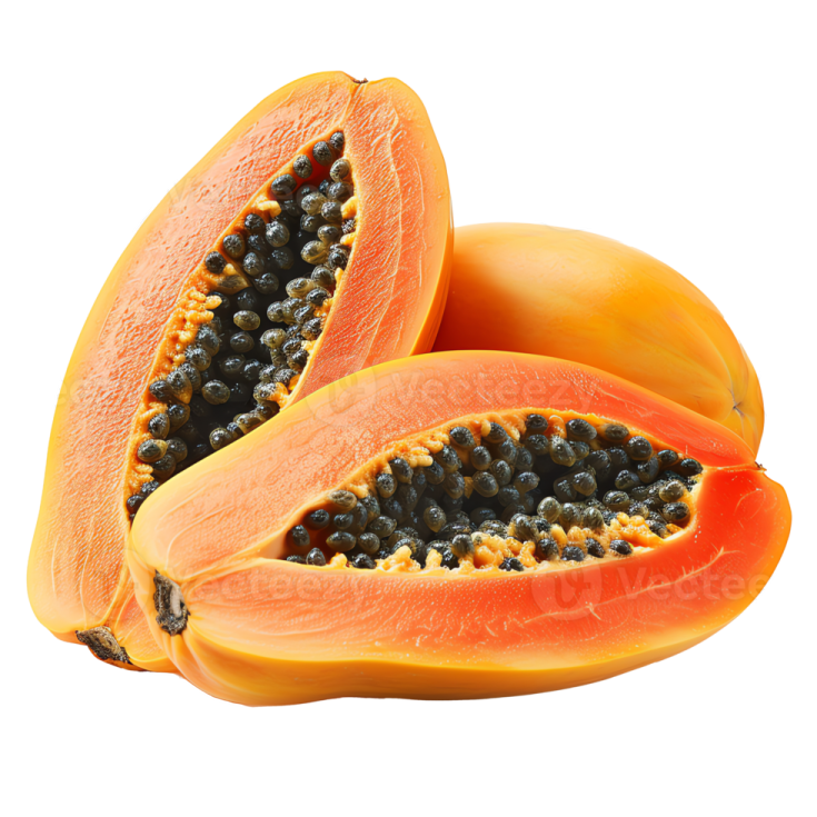 a cut open papan with seeds inside