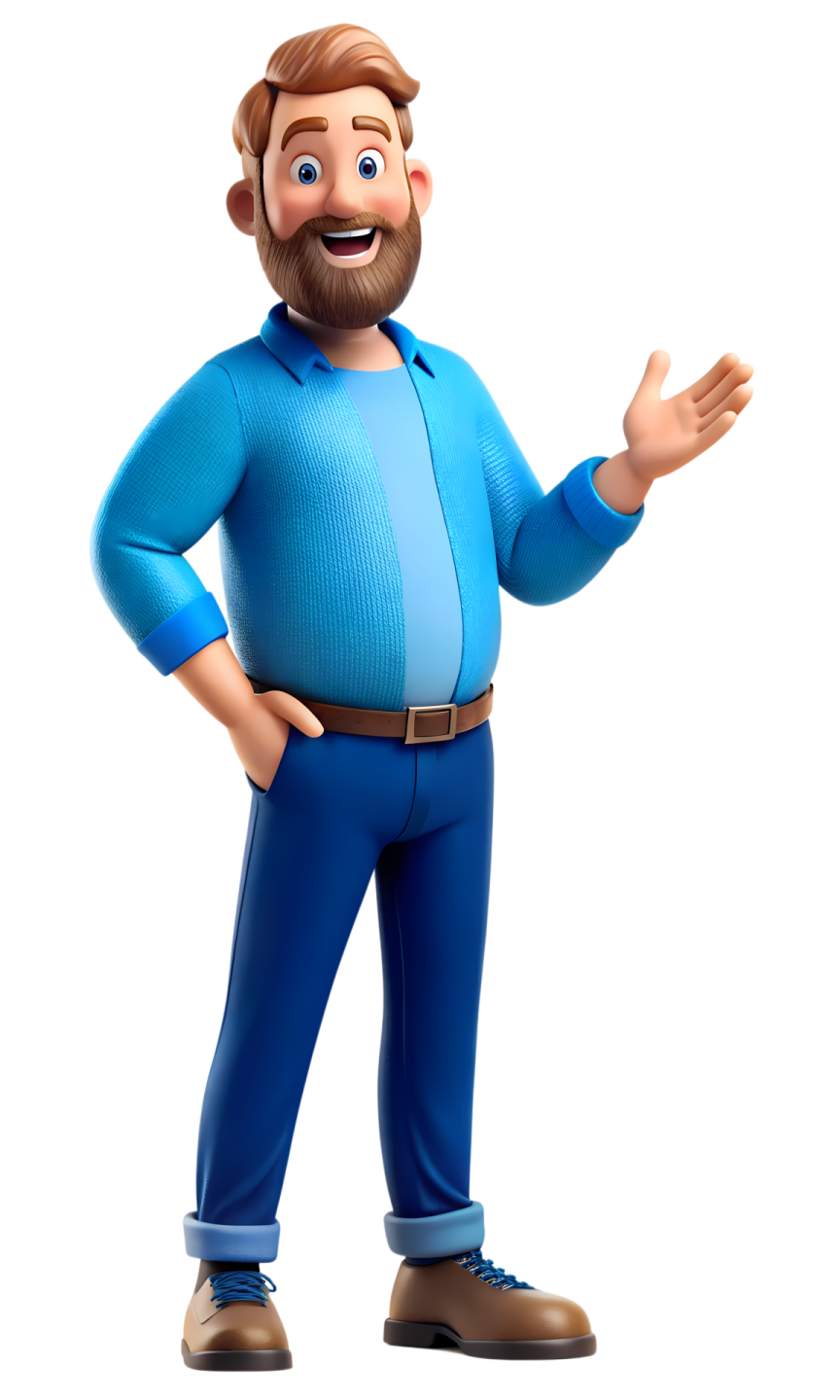 a cartoon character in a blue shirt and brown pants