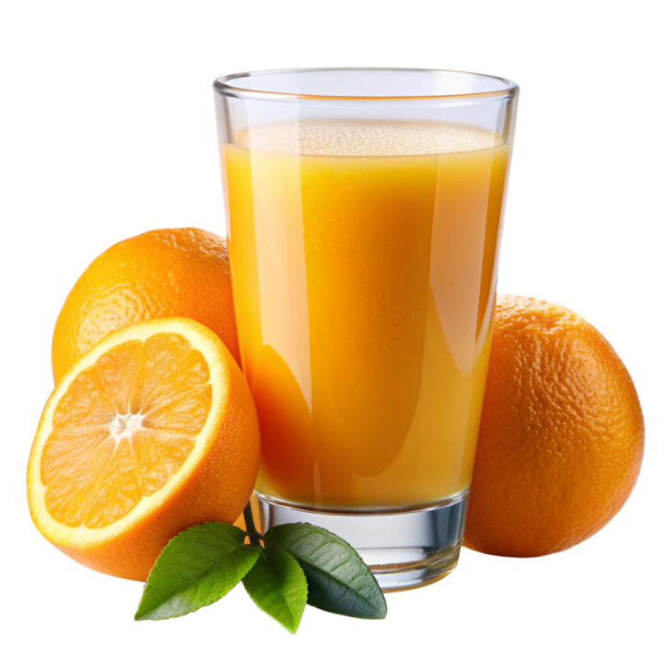 a glass of orange juice next to some oranges
