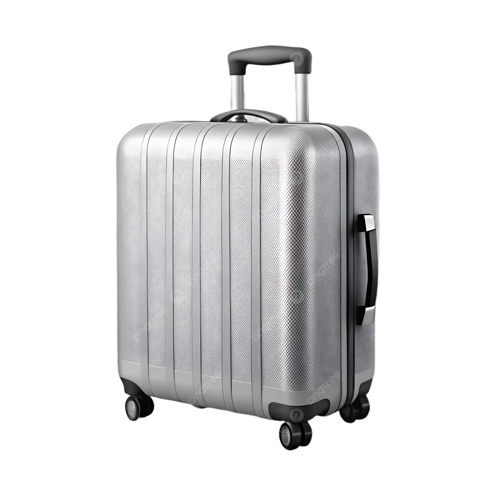 a silver suitcase with wheels and handle