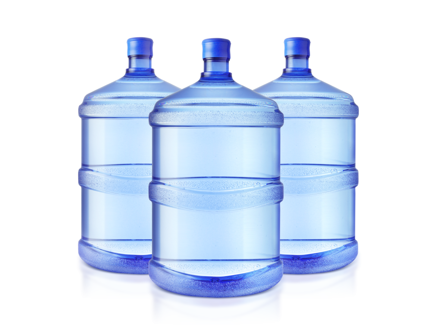 three large water bottles on a white background