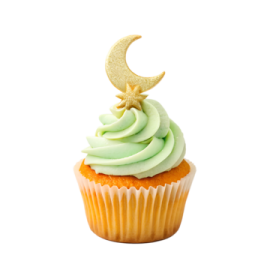 a cupcake with green frosting and a crescent