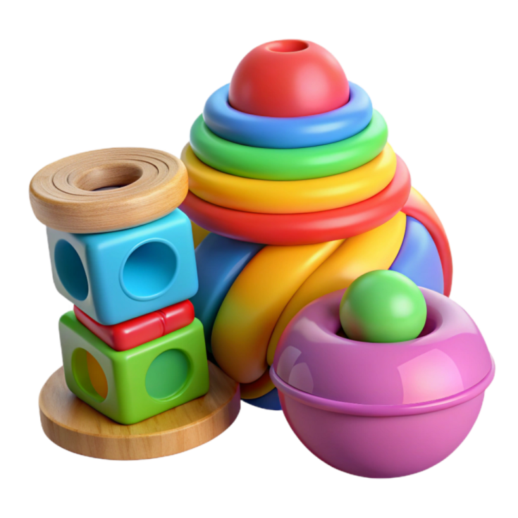 a stack of colorful wooden toys on a white background