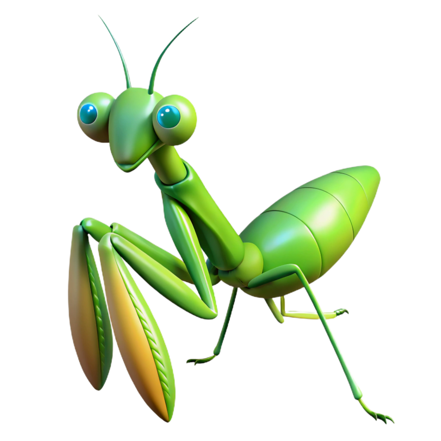 a green praying mantis with blue eyes