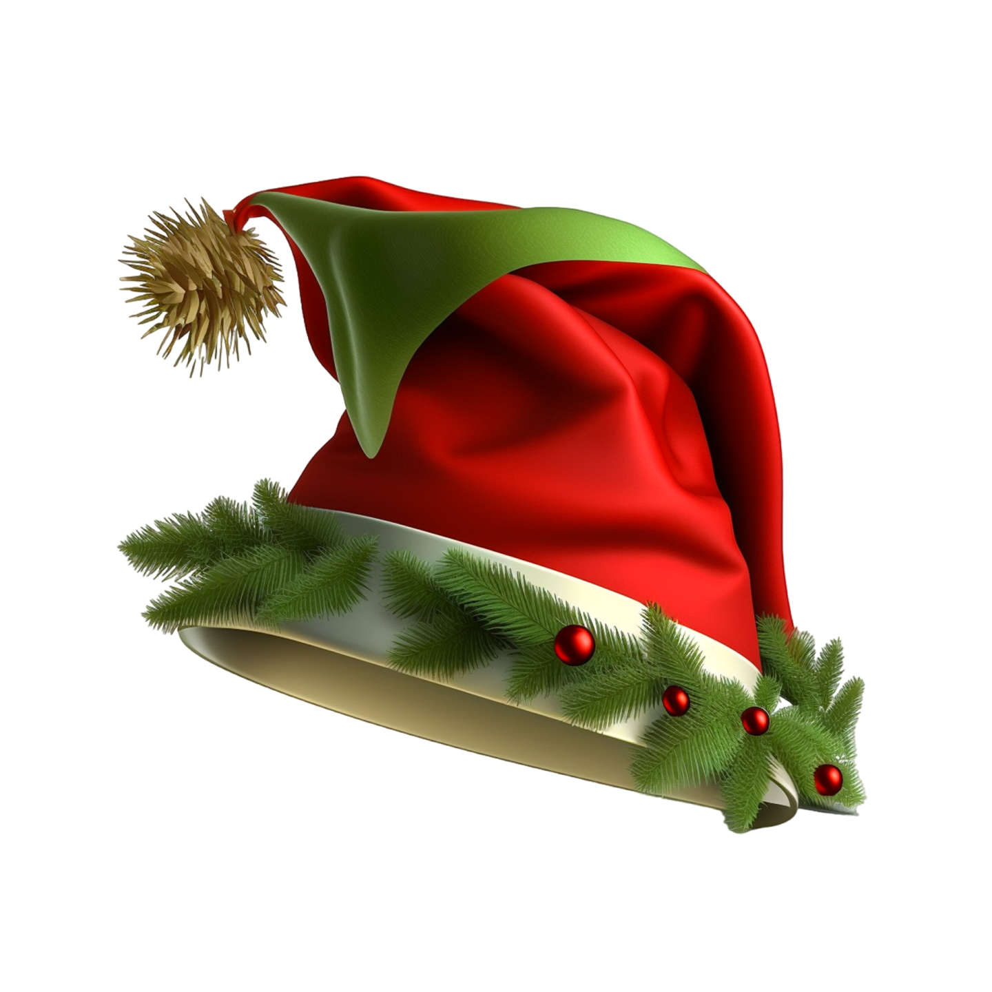 a red and green christmas hat with a pine branch