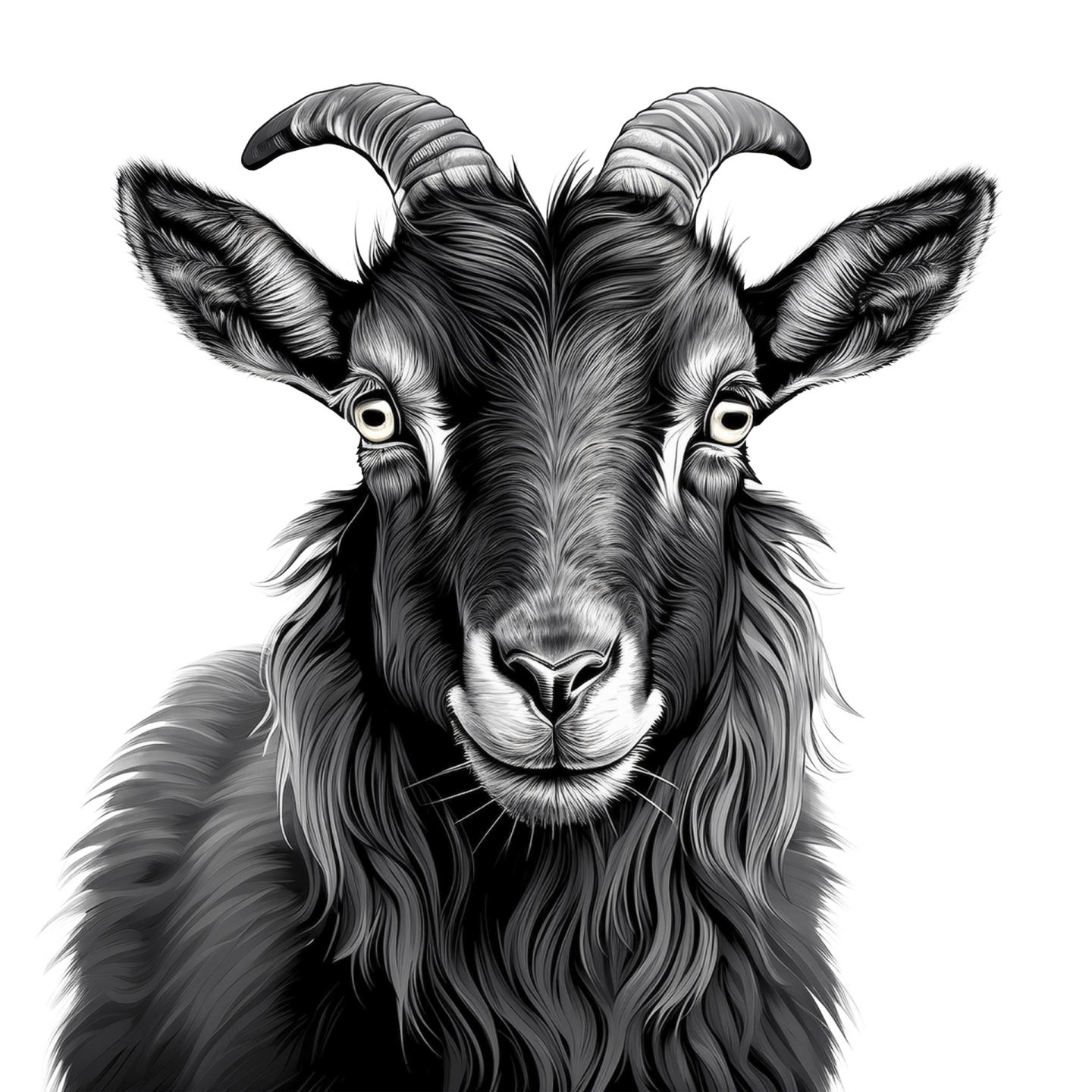 a black and white goat head with long horns