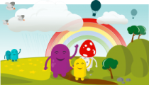a group of cartoon characters standing in front of a rainbow
