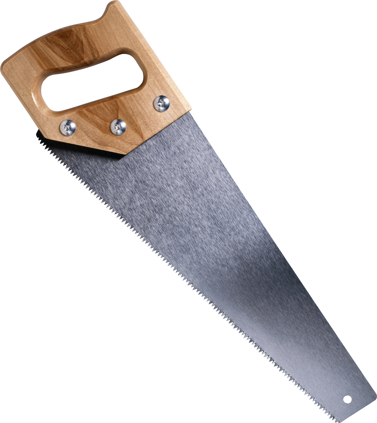 a close up of a saw with a wooden handle
